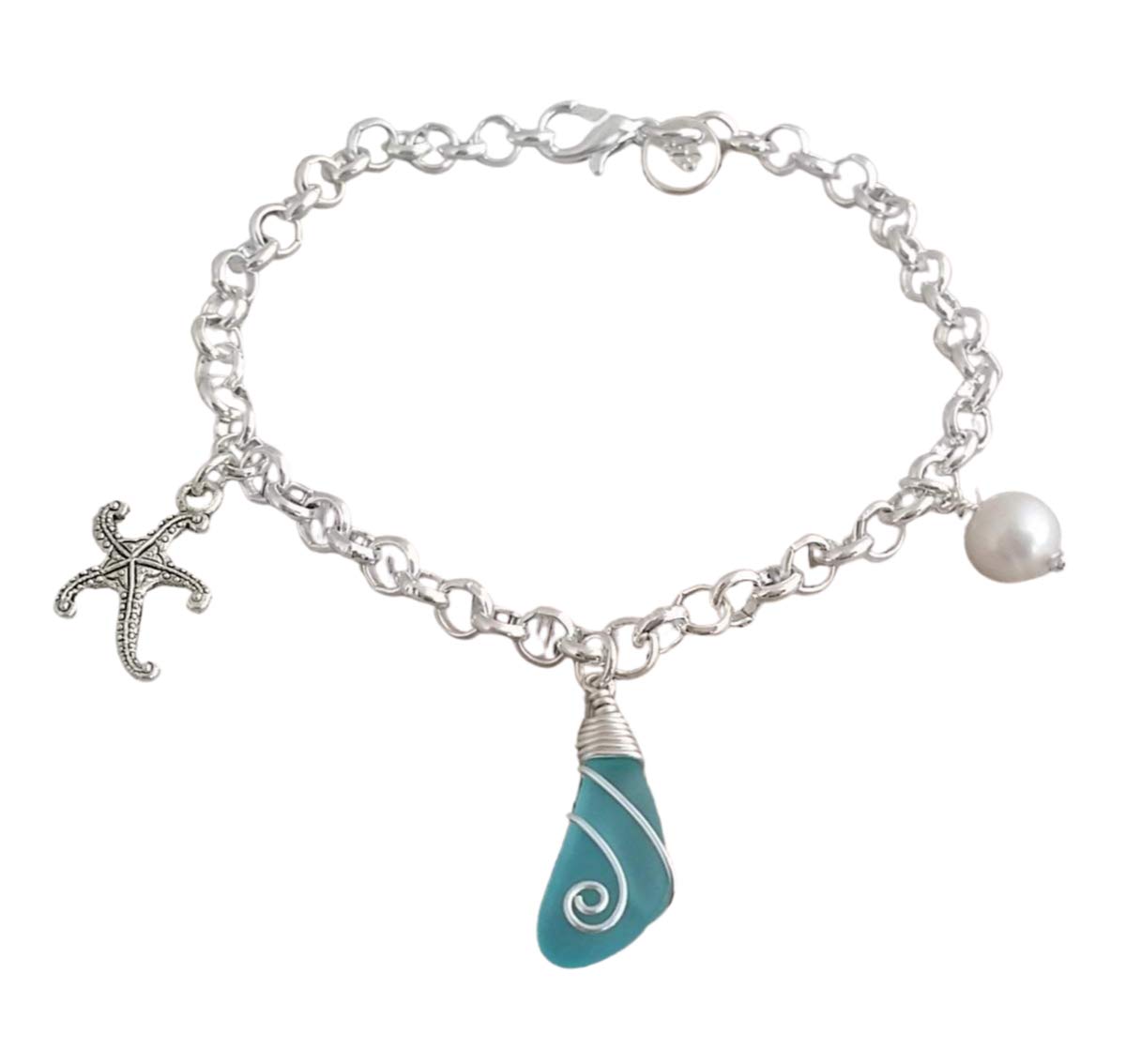 YInahawaii Handmade wire wrapped blue sea glass bracelet, starfish charm, Natural pearl, (Hawaii Gift Wrapped, Customizable Gift Message)