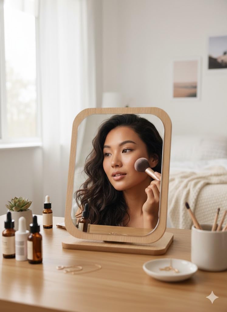 Wooden Rectangular Tabletop Makeup Mirror, 360 Degree Portable Adjustable Table Desk Mirror, Vanity Desk Mirror for Bathroom (Square)-image-11