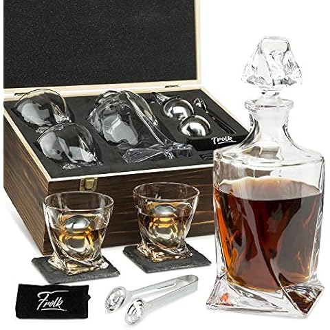 Whiskey Decanter Gift Set for Men – Twisted Bourbon Decanter, 2 Glasses, 2 XL Stainless Steel Whisky Stones - Balls, 2 Slate Coasters, Special Tongs & Freezer Pouch in Pinewood Gift Box Cover