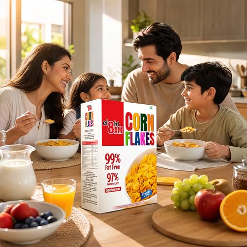 Image of 8AM Corn Flakes 500 Gram, 97% Corn, 99% Fat Free, No Cholesterol, Trans Fat, Artificial Additives, Vitamins B1, B2, B3, B6, B9, Iron, Calcium, Crunchy & Nutritious Cereal