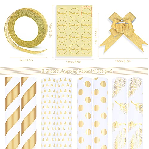 Gift Wrapping Supplies,8 Sheets White Gold Gift Wrapping Paper With 10 Pull Bows 24 Yard Glitter Ribbon And 12 Thank You Lable Sticker For Birthday Gift Wrap Christmas Gift Packing Diy Paper Craft #TOP1