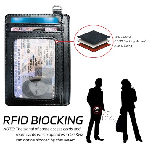 Credit Card Holder Slim Wallet with Wristlet Lanyard,Leather Front Pocket Purse RFID Blocking Wallet Card Case with ID Window for Women & Men-Art Flowers4