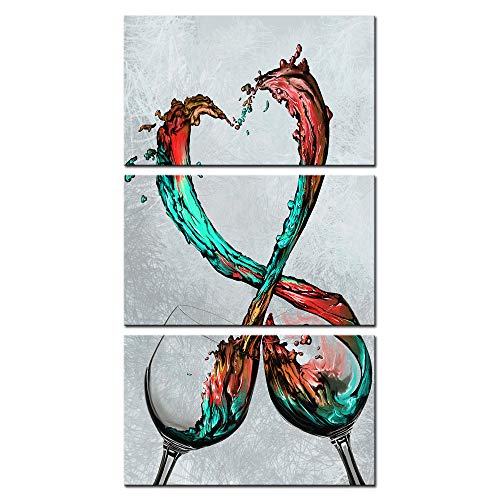 Sechars - 3 Piece Kitchen Wall Art Romantic Teal Green Red Wine In Heart Splash Painting For Home Dining Room Pub Bar Wall Decor Contemporary Art Stretched And Framed Ready To Hang #TOP26