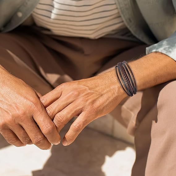 Men Leather Bracelet Multi-Layer Braided Genuine Leather with Stainless Steel Clasp, Brown Braided Leather Bracelet for Men, Mens Leather Wristband2