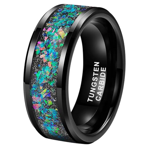 TUTISS 8mm Black Tungsten Wedding Bands for Men Women Galaxy Opal Inlay Fashion Engagement Rings Beveled Polished Shiny Comfort Fit Size 11