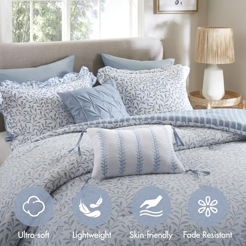 Image of Madison Park Reversible Botanical Comforter Set, 5PC King Bedding Set | Summer Floral Print Bed Set with Scalloped Edges, Lightweight Bedding with Decorative Pillows, Blue