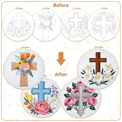 Image of BEUNITONE 4Set Cross and Flowers Pattern Embroidery Kit for Adult Beginners | DIY Cross Stitch Kits, Complete Needlepoint Kits for Adults, Handmade Embroidery for Gifts, Fabric and Home Decor 20x20cm