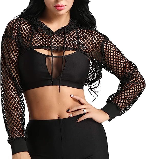 2 Pc Collection Stylish Women Full Sleeve Casual Fishnet Crop Hoodie