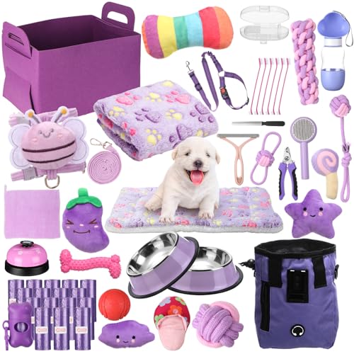 Abbylike 50 Pcs Puppy Supplies Starter Kit for Small Dogs Puppy Essentials Includes Leash Bowls Teeth Brushes Water Bottle and More Accessories for Dogs Pet Day Welcome Gift(Purple)