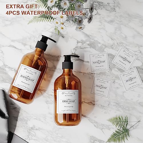 2 Pack Amber Dish Soap Dispenser for Kitchen (16 Oz), Brown Hand Soap Dispenser Bathroom, Plastic Soap and Lotion Dispenser Set with Rust Proof Pump, Waterproof Labels, Premium Thick Soap Pump Bottles