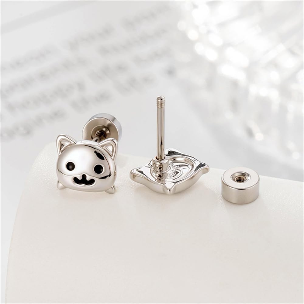 20g Cute Cat Flat Screw Back Small Stud Earrings for Women Men Titanium Steel Silver Plated Lovely Kitten Animal Pet Cartilage Helix Tragus Piercing Sleeper Tiny Studs Hypoallergenic Jewelry for Her - Image 2