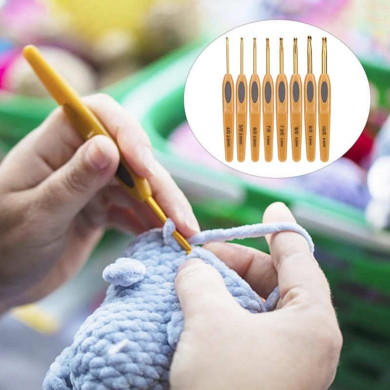 8Pcs Crochet Hook Knitting Tools Aluminum Ergonomic Sweater Needles Brown Plastic Handle Sewing Tools