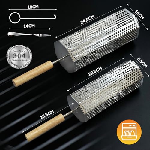 Autreykorn Rollender Grillkorb mit abnehmbarem Holzgriff – 304 Edelstahl – ideal für Gasgrills, Garten & Camping – tolles Geburtstagsgeschenk für Männer – Outdoor-Grillzubehör für Gemüse