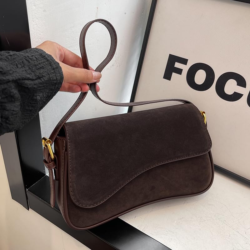 Women's Shoulder Bag Suede Handbag Underarm Purse Tote Bag Brown Suede Purse Y2K Crossbody Bag with 2 Removable Straps 6