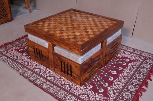 Image of Solid Sheesham Wood Coffee Table and 4 Stools with Coushion, Tea Table, Teapoy and Glass Top Furniture for Living, Guest Room, Holl Areas (Honey Finish)