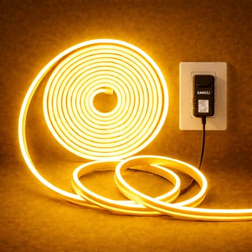 Image of Yellow Neon LED Rope Lights 16.4ft (5 Meter) 600 LEDs - IP65 Waterproof Flexible Silicone Strip with Adapter for Indoor /Outdoor Use