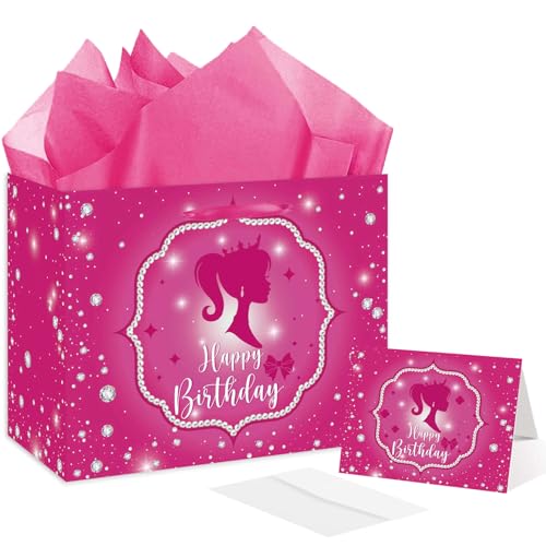 RTMISA Hot Pink Birthday Gift Bag with Tissue Paper and Greeting Card Princess Birthday Gifts Wrapping Bag for Girls Women Fashion Pink Doll Happy Birth Day Party Decorations Supplies