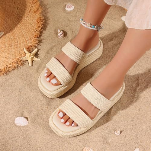Image of Erocalli Platform Sandals Women Cute Wedge Espadrilles Slip on Summer Beach Raffia Vacation Sandal Comfortable Open Toe Dressy Shoes