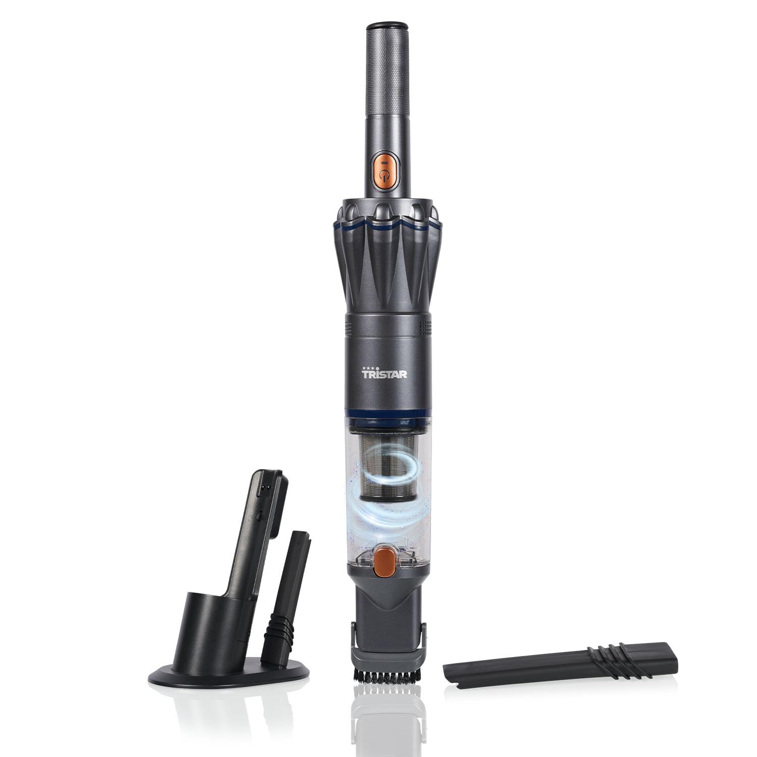 Tristar Aspirador de Mano, 12 kPa de Succión, Inalámbrico, Motor BLDC 90W, Filtro HEPA H12, 15 Min de Autonomía, Base con Almacenamiento de Accesorios, Compacto y Ligero, KR-3160