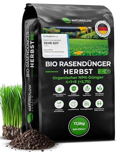 Premium Bio Herbstrasendünger aus Deutschland -17,5kg Bio Rasendünger Herbst für Winterfesten Traumrasen Herbstdünger Rasen
