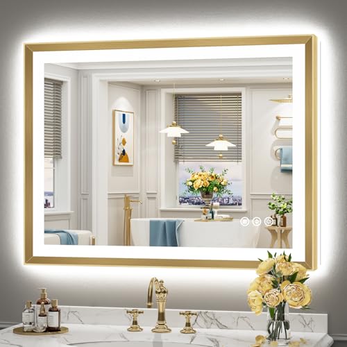 Image of 40x30 Gold Beveled LED Bathroom Mirror Backlit & Front Lit Anti-Fog | Brushed Gold Framed, Anti-Fog Lighted Vanity Mirror, Dimmable, 3-Color Light, Memory, CRI95, HD Tempered Glass, UL Listed