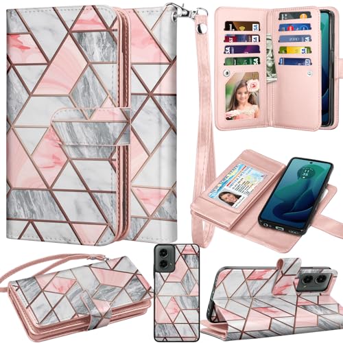 Takfox Wallet Case for Motorola Moto G 5G 2024, for Moto G Play 2024 5G Case, PU Leather Credit Card Holder Slots Case Folio Flip Detachable Magnetic Cover Kickstand & Carrying Strap, Marble