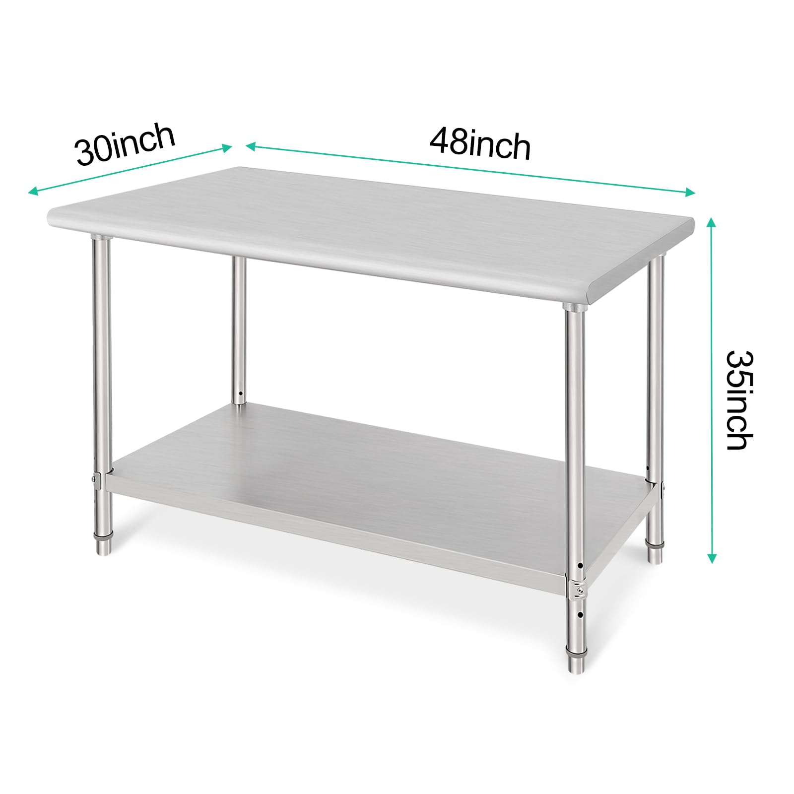 Mesa de preparación de catering de acero inoxidable resistente, estante inferior ajustable y ruedas, 48 x 30 x 35 pulgadas, ideal para restaurantes, catering, talleres y cocinas domésticas