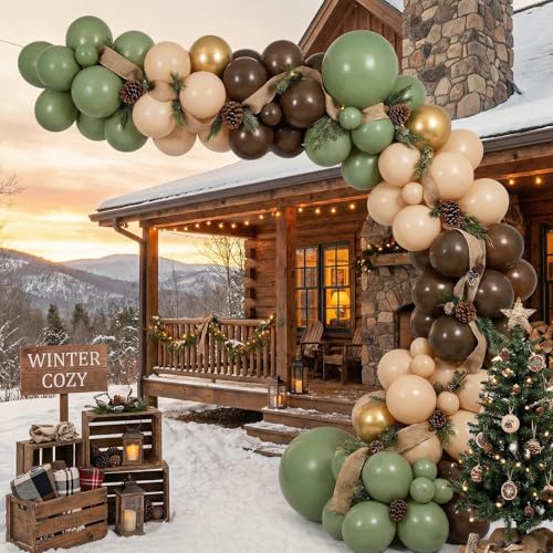 Image of RUBFAC Sage Green and Brown Balloons, 65pcs Olive Green Dark Brown Coffee Nude Gold Metallic Party Balloons for Camo Army Hunting Birthday Jungle Safari Woodland Floral