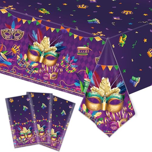 3-Piece 54 x 108 Inch Mardi Gras Plastic Tablecloth – Purple Green Gold Diamond Disposable Table Covers with Masquerade Mask and Feather Designs for Carnival Parties, Parades Fat Tuesday Celebrations