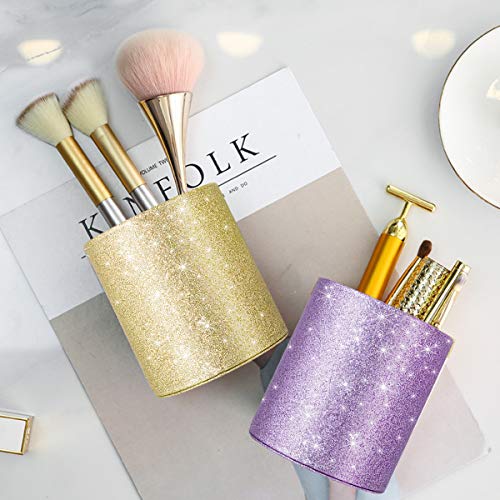 Image of Gold Pencil Holder, Decorative Pens Holder for Desk, Makeup Brushes Organizer for Table, Large Pu Leather Multi-Functional Organizer Cup for Office, Classroom, Home, Champagne Gold