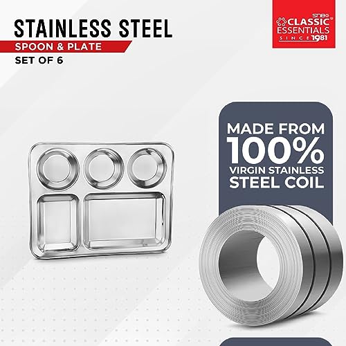 Image of CLASSIC ESSENTIALS Stainless Steel Compartment Plate Bhojan Thali (Five-in-One), Lunch /Dinner Plate | Pack of 6