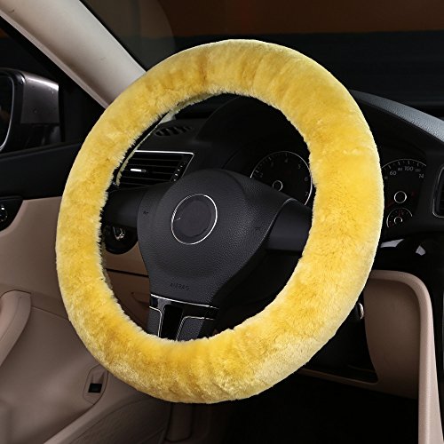 Dotesy Pure Wool Auto Steering Wheel Cover Genuine Sheepskin Great Grip Anti-Slip Car Steering Wheel Cushion Protector Universal 15 Inch For Car,Truck,Suv,Etc (Lemon Yellow) #TOP5