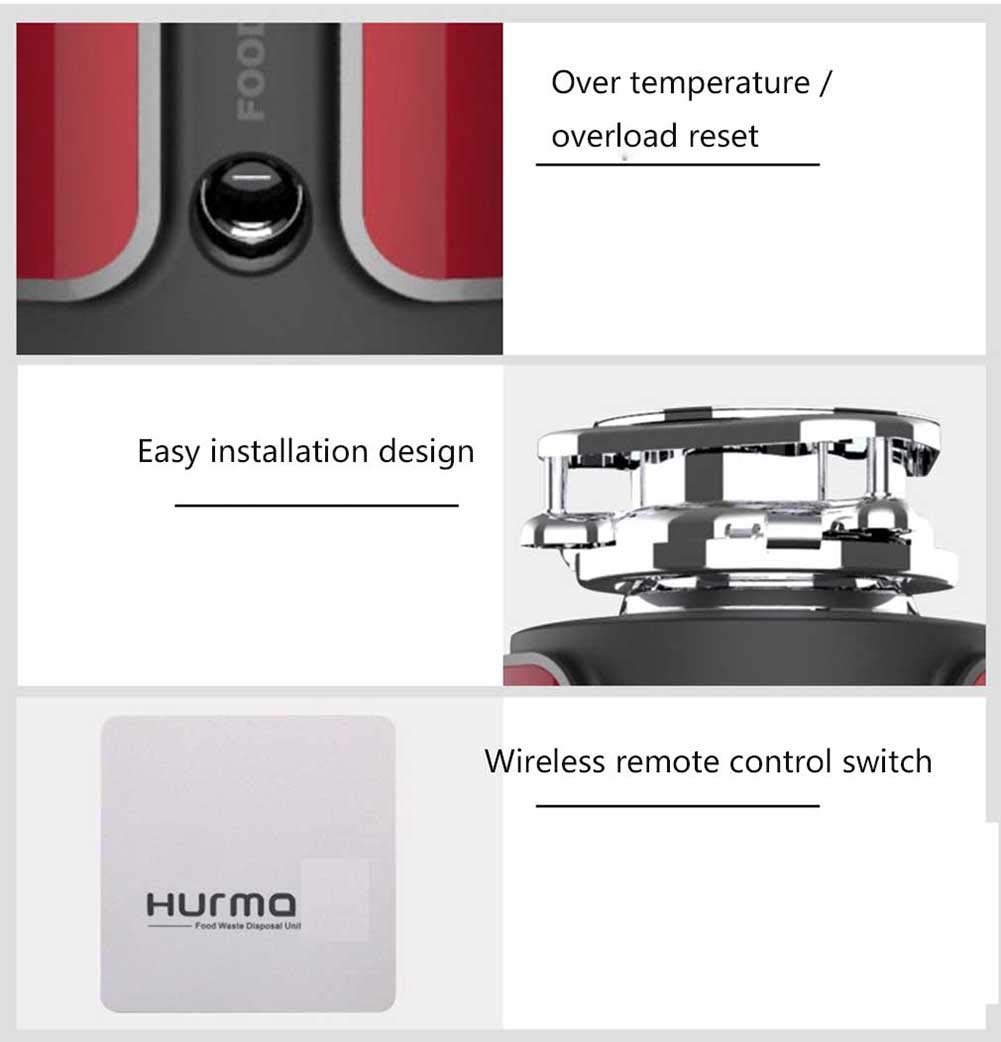 Durable Broyeur de déchets Alimentaires Élimination des ordures ménagères avec Un Bouton Poussoir pneumatique Protection Anti-surchauffe et Anti-Surcharge Protection Anti-Bruit Cuisine, Red