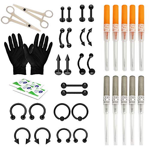 BodyJ4You 36PC Piercing Kit Black Steel Cannula Needles 14G 16G Belly Ring Tongue Bar Tragus Eyebrow Lip Nose