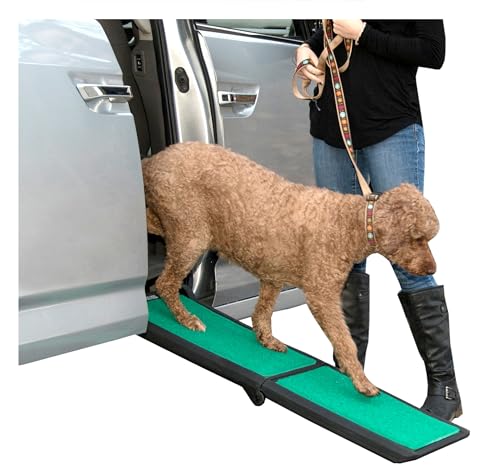 Pet Gear supertraX Ramps for Dogs and Cats, Maximum Traction Surface, Portable/Easy-Fold (No Tools Required), Built in Handle for Travel, 5 Models, 42-71 Inches Long, Supports 150-200lbs Black/Green