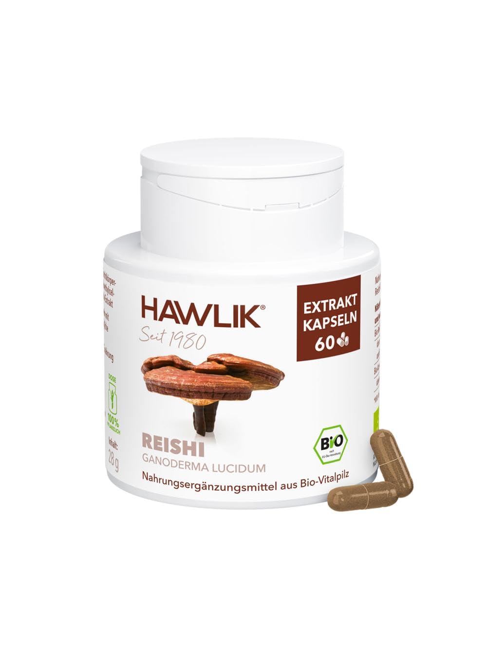 HAWLIK Vitalpilze Bio Reishi Extrakt Kapseln - 60 Kapseln - Mit Vitamin C - Immunsystem - Natürlicher Anbau - Vegan - Zuckerrohr-Dose