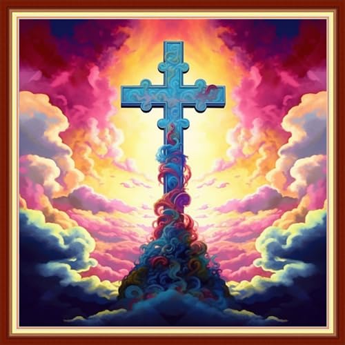 Image of Disxvivy Cross Stitch Stamped Full Embroidery Kits DIY 11CT Cotton Thread Printed DIY Needlepoint Kits Craft Needlework Set Cross-Stitch Stamped Sets-Colorful Cross 18x18 inch