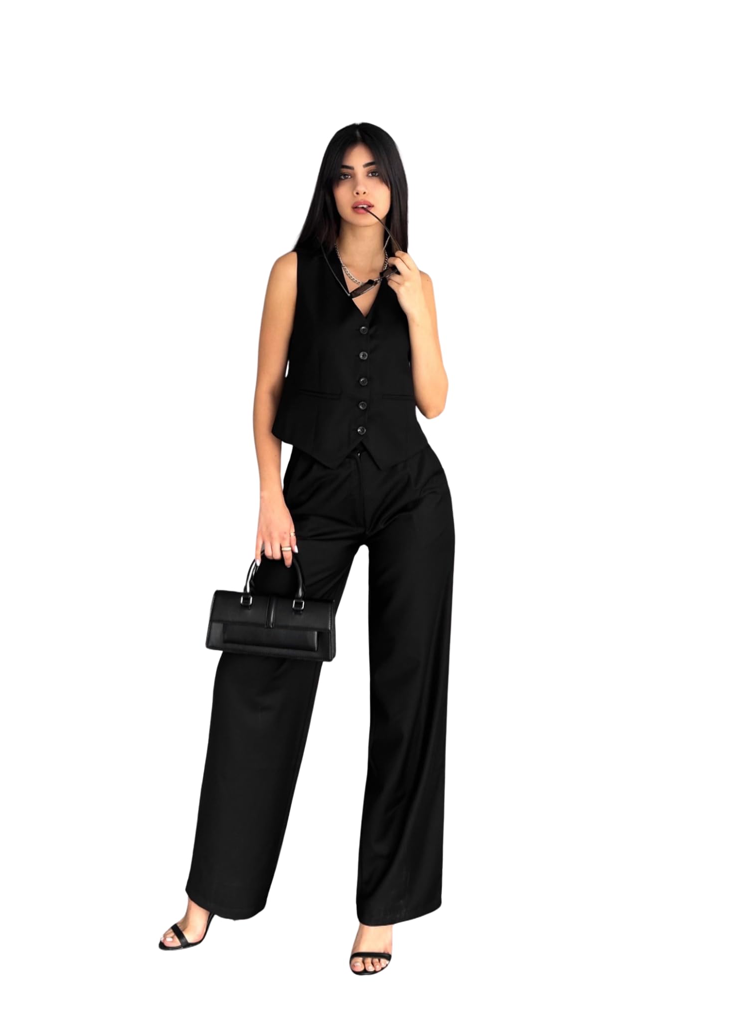 Womens Sleeveless Vest and Wide Leg Pants 2 Piece Suiting Set Suit Casual Business Office Outfit