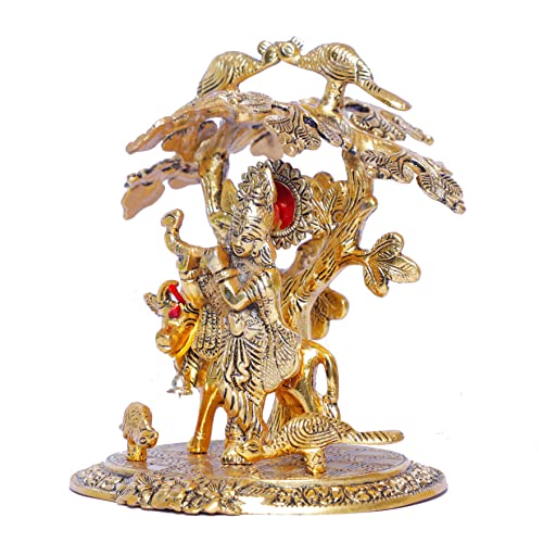 Image of KridayKraft Krishna Playing Flute with Kamdhenu Cow Standing Under Tree Metal Statue for Pooja & Home Office Religious Idol Decorative Showpiece Table Top Figurines Murti for Decoration & Gift Purpose