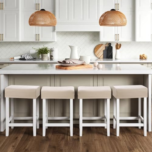 Image of YISUN Stool Covers Rectangle - 4 Pack Stretch Waterproof Saddle Seat Cover Counter Bar Stools Bar Chairs Covers Kitchen Island Chairs Cushion Protector (4, Pu Leather-Beige)