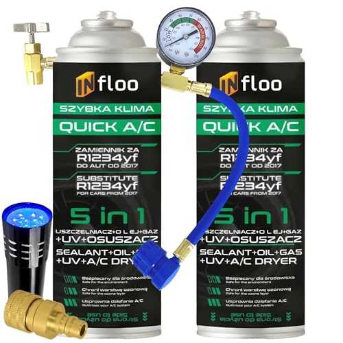 INfloo Quick A/C Sustituto de R1234yf 5en1 2x205 g | Gas + Aceite + Sellador + Tinte UV + Desecante | Kit Recarga Aire Acondicionado Coche con Manguera Manómetro LP, Adapter YF, Linterna UV y Guantes