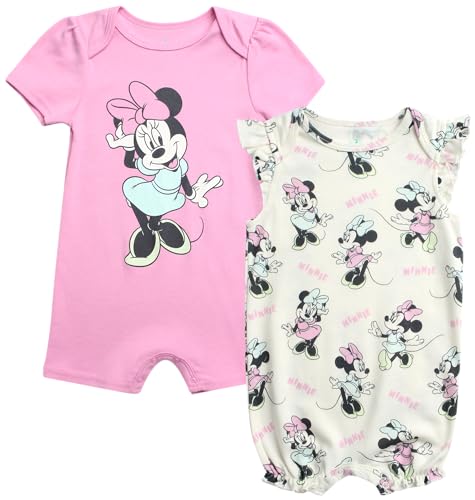 Image of Disney Baby Girls Romper - 2 Pack Ruffled Short Sleeve Baby Jumpsuit Romper - Cozy Baby Clothes for Girls (Newborn/Infant)