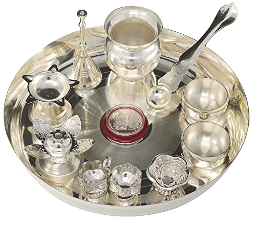 NOBILITY Silver Plated Pooja Thali Set 8 Inch with Plate Kalash Bowl Agarbatti Stand Palli Diya Kumkum Stand Coin Puja Thali for Diwali Home Mandir Office Wedding Return Gift Items