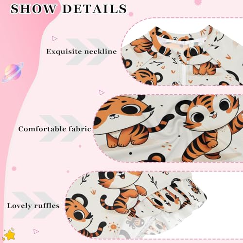 Cute Cartoon Tiger Illustration Girls Long Sleeve Swimsuit Rash Guard One Piece Bathing Suits Zipper 3-12T4