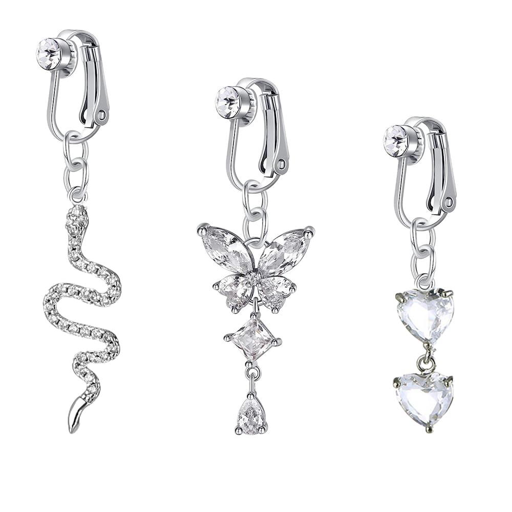 Lucktao 3 uds Piercing Ombligo Falsos, Anillos de Ombligo Colgantes,Falso Piercing Body Ombligo Colgante Plata Brillante,Mariposa Serpiente Flor Corazón Anillos de Vientre Joyería Sin Piercing