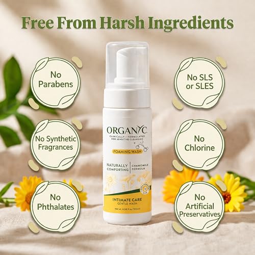 Image of Organyc Intimate Foaming Wash for Women, Sensitive Skin Care, Certified Organic Ingredients, pH Balanced, Chamomile & Calendula, Gentle Daily Cleanser, 6.08 fl oz