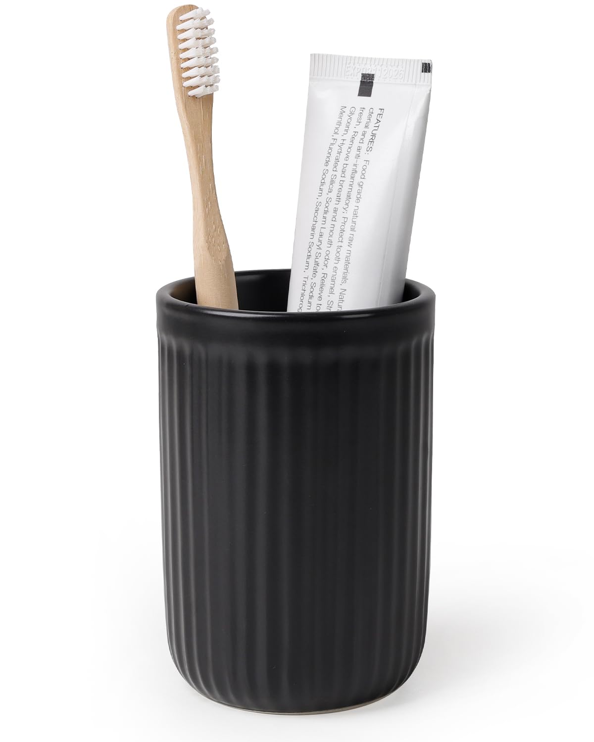 BosilunLife Toothbrush Holders for Bathroom Countertop, 320ml/11Oz Reusable Ceramic Toothbrush Holders Striped Cup for Toothbrush and Toothpaste, Easy Bathroom Storage, Black