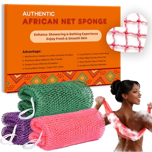 African Net Sponge 3 Pieces African Exfoliating Net Sponge Authentic Body Back Scrubber Effective Exfoliating Washcloth for Shower Bath All Types Skin Daily (Purple+Pink+Olive Green)