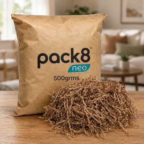 Image of Pack8neo Shredded Paper Cutting For Giftpacking, Hampers, Gift Baskets & Boxes, 500g | Sustainable grass paper, Crinkle Cut filler, Gift Packaging Protection & Recyclable decoration material, Brown