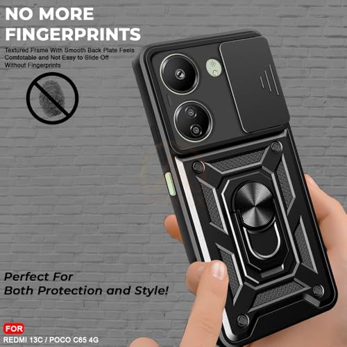 Image of Armor Bumper Back Cover Case for REDMI 13C 4G / Poco C65 Rotating Camera Cover, Ring Holder & Kickstand | Heavy Duty & 360 Degree Protection REDMI 13C 4G / Poco C65 Back Cover (Black)